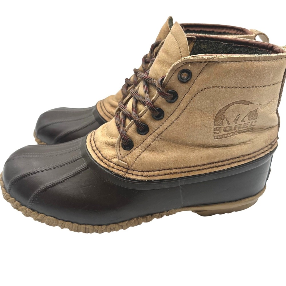 Vintage Sorel Kaufman Canada Mens Tan Brown Leather Rubber Duck Boots 11